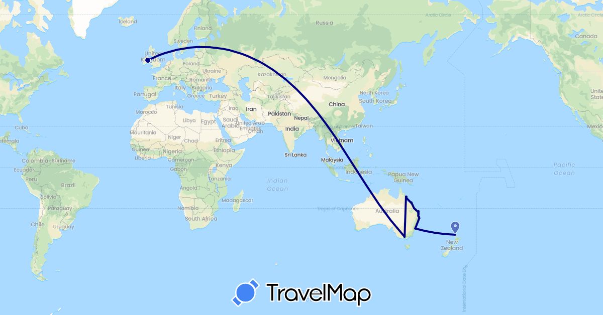TravelMap itinerary: driving in Australia, Ireland, New Zealand (Europe, Oceania)